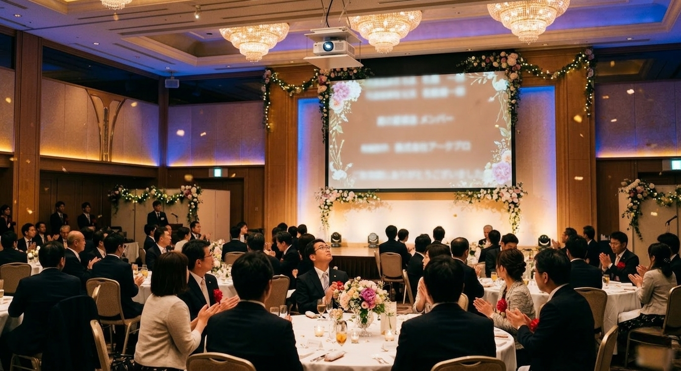 会場でエンドロールが流れているのも会場の人が見ている
